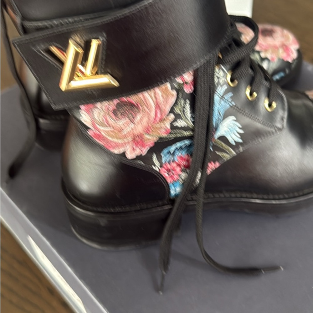 Louis Vuitton Black Floral Combat Boots